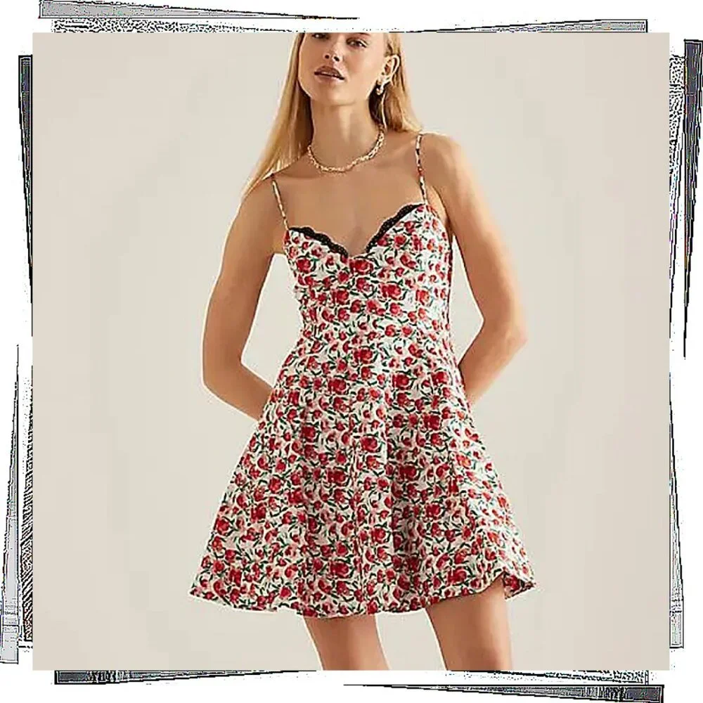 NWT: Red & White Floral Sweetheart Neckline w Lace Trim Dress (S) by Maeve - Picture 4 of 9